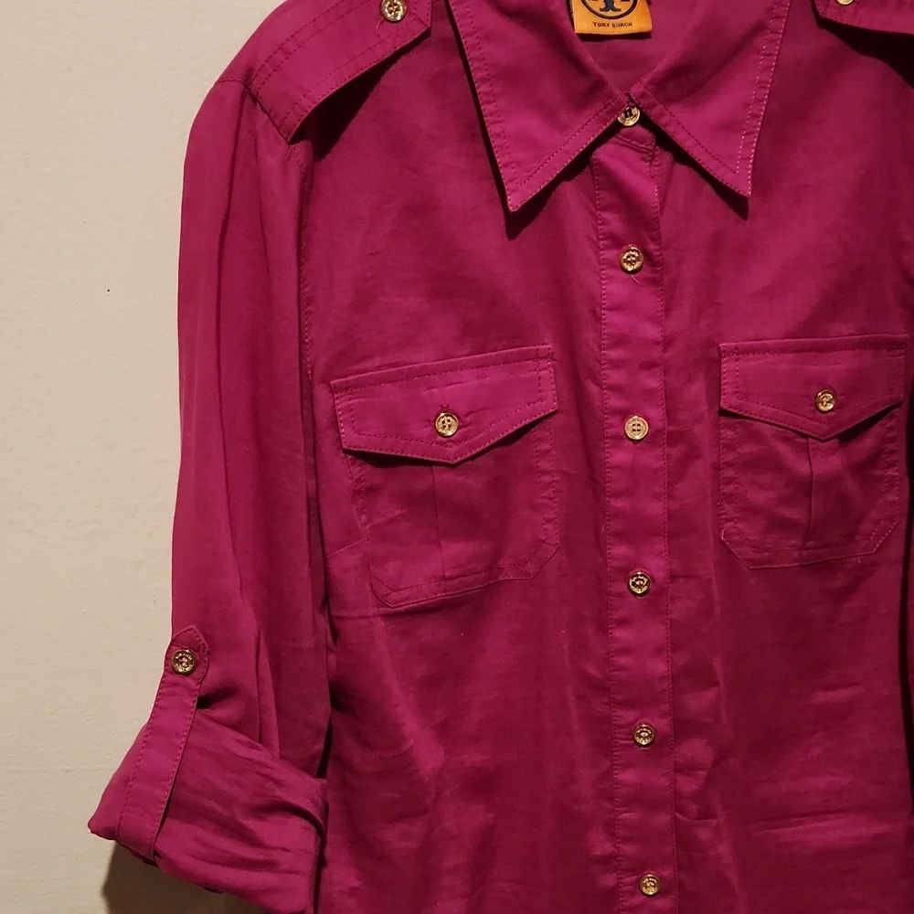 ❤️ TORY BURCH BRIGETTE FITTED BUTTON DOWN COTTON SHIRT / TOP IN MAGENTA, 6 - Picture 10 of 13